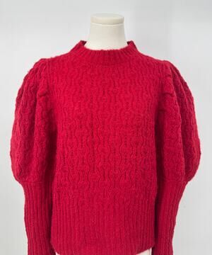 St. Roche Love Sweater Cherry Red Alpaca Mock Neck  Puff Sleeve Cableknit M